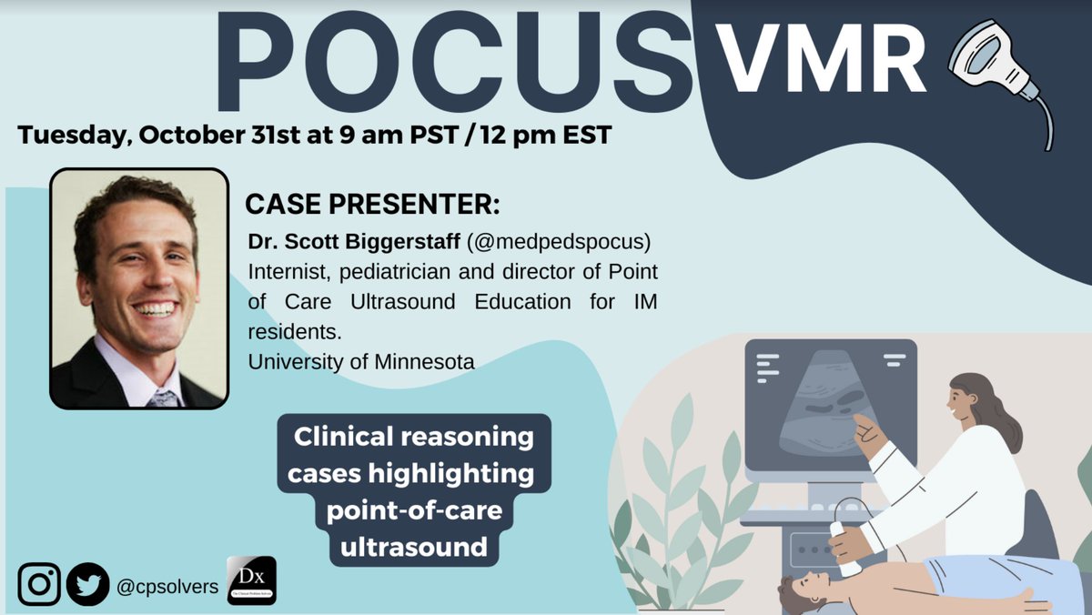 #MedTwitter Please join us for part 2 of clinical reasoning cases highlighting the utility of POCUS!

Join us on Tuesday, October 31 at 12PM EST featuring Med-Peds extraordinaire @medpedspocus!

Use the link to join➡️ bit.ly/31LWIKg