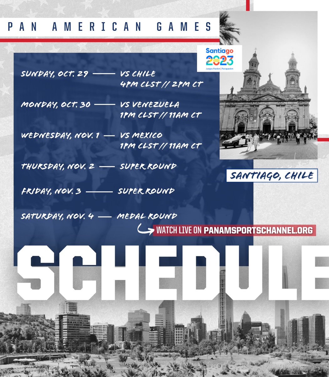 USASoftballWNT's tweet photo. Who's ready to watch some 𝘌𝘢𝘨𝘭𝘦𝘴 🦅 fly in Chile??
 
The action starts 𝘁𝗼𝗺𝗼𝗿𝗿𝗼𝘄 → https://t.co/tQYCxWPrzP

@TeamUSA | @Santiago2023 https://t.co/Eg8oOVAYl1
