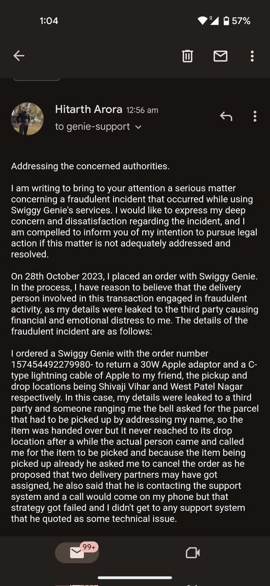 hitarth_arora's tweet photo. Addressing an unfortunate incident with @SwiggyGenie – experienced a fraud during a recent order. I've reached out for resolution, but if this isn't addressed properly, legal action may be the only recourse. Hoping for Swift response
#customerservice #swiggygenie #delhipolice https://t.co/sZkVPccdgk