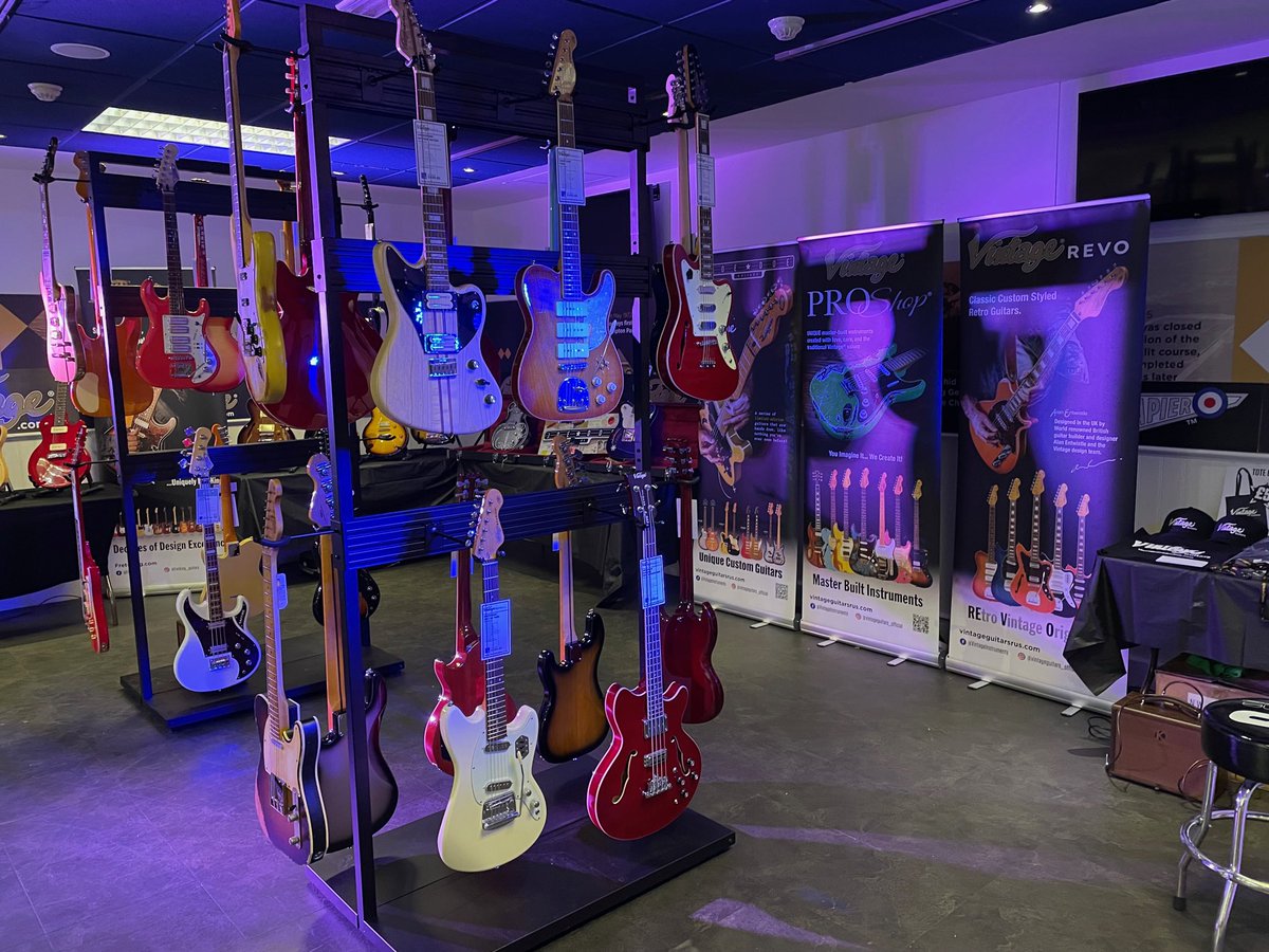 Vintage® Guitars ready for The London International Guitar Show tomorrow at Kempton Park Racecourse. See their new models, REVO Series, Joe Doe and ProShop® guitars. @NrthGuitarShows guitarshows.co.uk/ARPages/London…