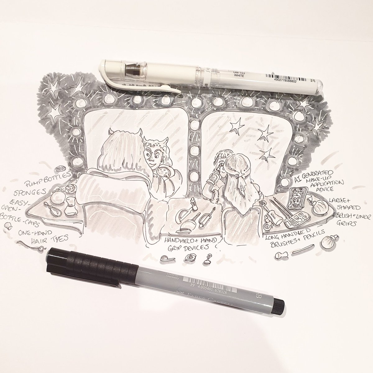 mooartdotcom's tweet photo. Sorry 2 in 1 Day 27 &amp; 28  #OccupationalTherapy #inktober2023 

Beautiful #beast and #sparkle ! Assitive products for make up application including AI, different types of hand grip options and tips e.g. changing bottle caps/types and using longer handles.

#inktober #OT #makeup https://t.co/3jdkNgTFCs