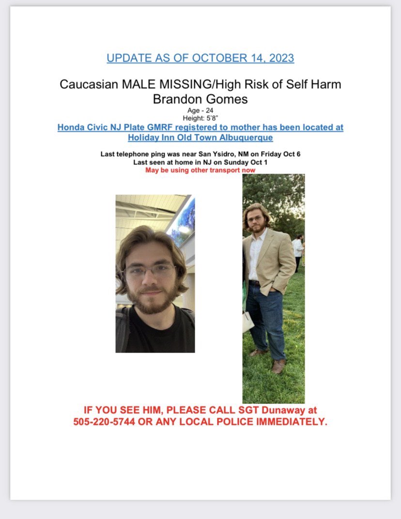 foxydemocrat's tweet photo. My friend’s son Brandon Gomes has been missing since October 6th the second photo was the last time he was seen in New Mexico. If you see him please call. #missingbrandongomes #missingpeople https://t.co/Dp4yeG3OwF