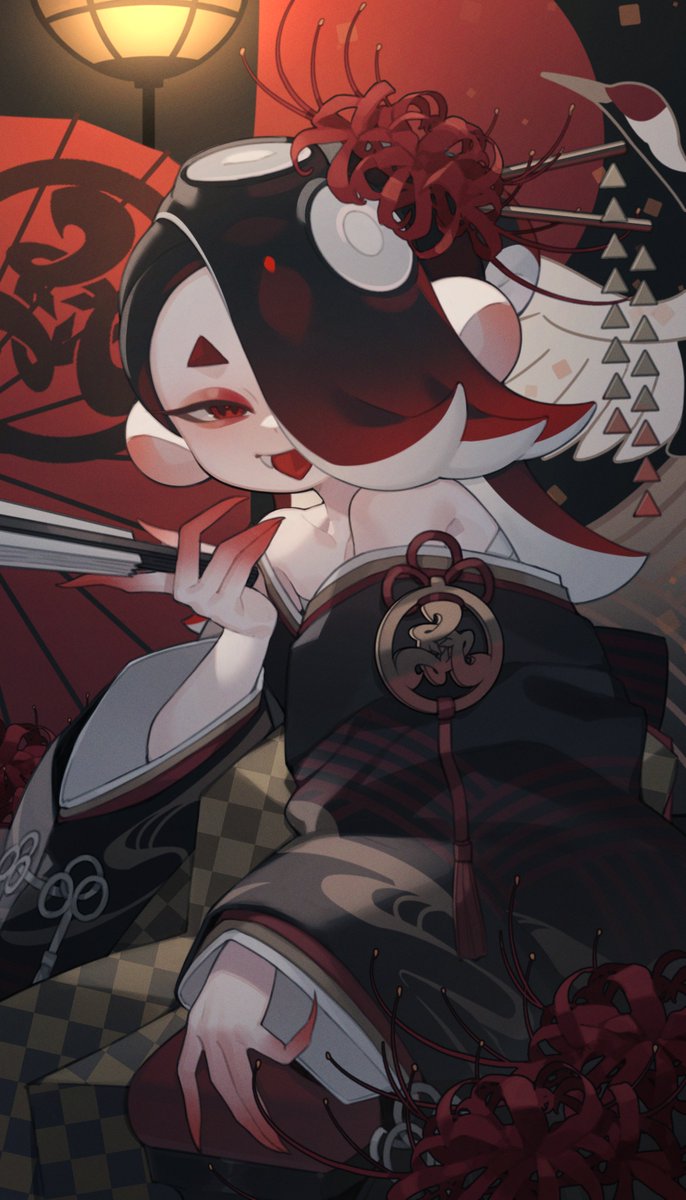 1girl solo japanese clothes flower kimono hair over one eye black kimono  illustration images