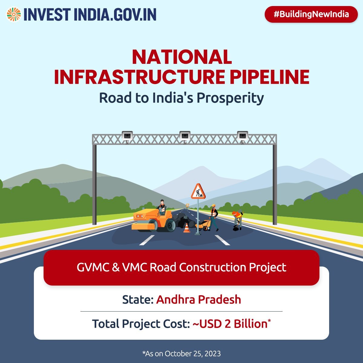 #GVMC & VMC Road Construction Project under #NIP will build new roads, bridges, underpasses, and tunnels, ensuring smooth urban transportation in #Vizag and #Vijayawada.   

#NationalInfrastructurePipeline #PMModi  #InvestInAndhraPradesh #UANow