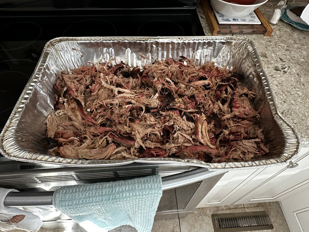 Brisket over butt on my WSM. Started the butt on the top rack and moved to the second rack when I put the brisket on. Bark ends up being softer on the butt but SO tasty @meathead @SlapYoDaddyBBQ