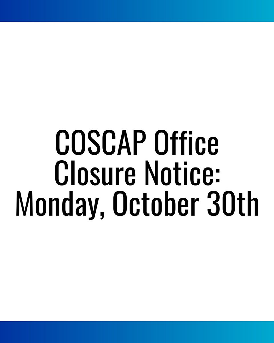 coscap's tweet image. COSCAP will be closed on Monday, October 30th, 2023. 

But don't worry, our dedicated staff is still here for you! 

Feel free to reach out by messaging or calling us at 234-1395. We'll be back to serve you on Tuesday! 📞💬