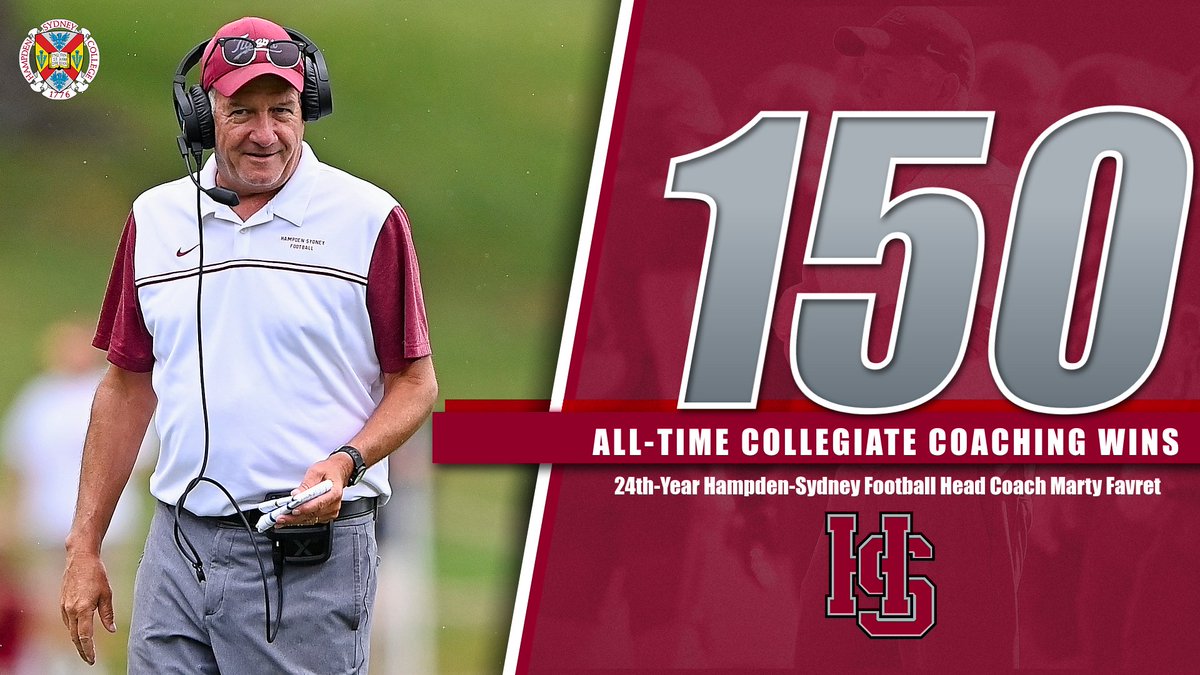 H-SC Athletics (@hscathletics) on Twitter photo 👏👏👏 Congratulations to 24th-year <a href="/HSC__FOOTBALL/">H-SC Football</a> head coach Marty Favret on earning his 150th collegiate coaching win (42-21) today at Guilford (NC)! 👏👏👏 Coach Favret is now 150-89 at <a href="/HSC1776/">Hampden-Sydney College</a> since taking over on December 30, 1999. #RollTigers🐅 #ODAC #d3fb 👏👏👏 Congratulations to 24th-year <a href="/HSC__FOOTBALL/">H-SC Football</a> head coach Marty Favret on earning his 150th collegiate coaching win (42-21) today at Guilford (NC)! 👏👏👏 Coach Favret is now 150-89 at <a href="/HSC1776/">Hampden-Sydney College</a> since taking over on December 30, 1999. #RollTigers🐅 #ODAC #d3fb