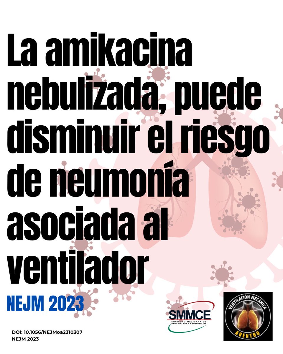 SMMCE_MX's tweet photo. Usar amikacina nebulizada con aerogen reduce el riesgo de neumonía asociada al ventilador 🫁 
NEJM 2023 https://t.co/TQqfMqu7Mp