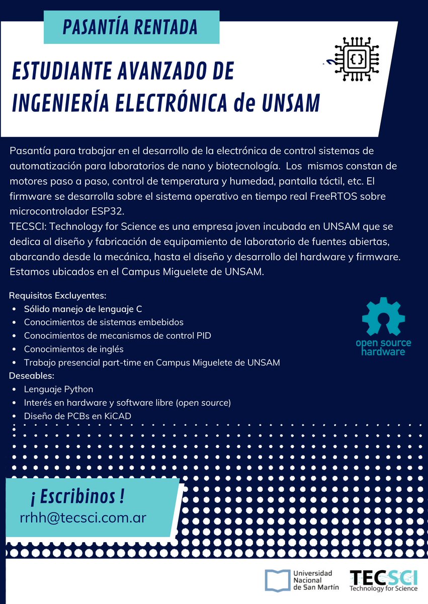 Oportunidad de Pasantía Rentada en Campus Miguelete para alumnos/as de Ing. Electrónica de <a href="/ECyTUNSAM/">ECyT UNSAM</a> <a href="/unsamoficial/">Universidad Nacional de San Martín</a> 

#pasantía #sistemasembebidos #freertos #C #python