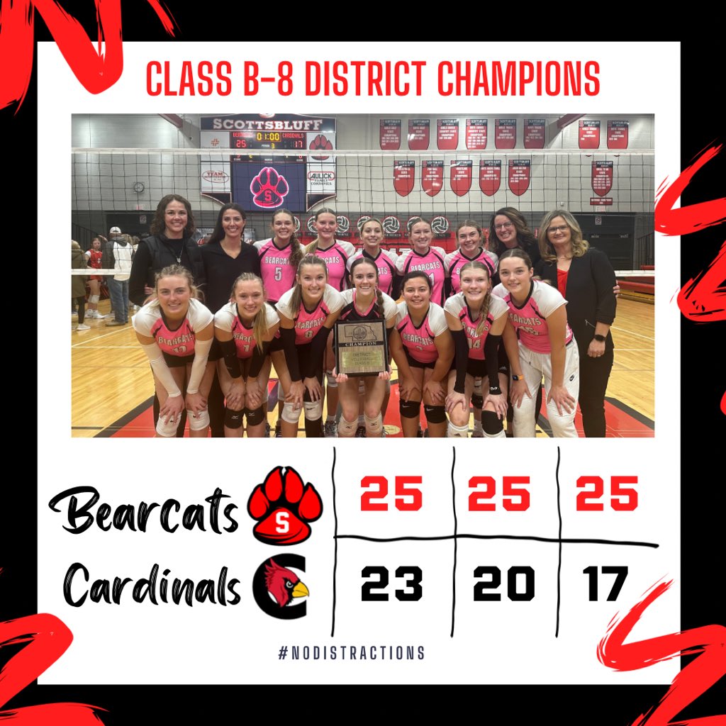 LINCOLN BOUND! Here are your 2023 Class B-8 DISTRICT CHAMPS!!! Way to go BEARCATS!! East bound next week! We will post the schedule as soon as it’s available! ❤️🏐🐾 #NoDistractions #StateBound #OneUnit
