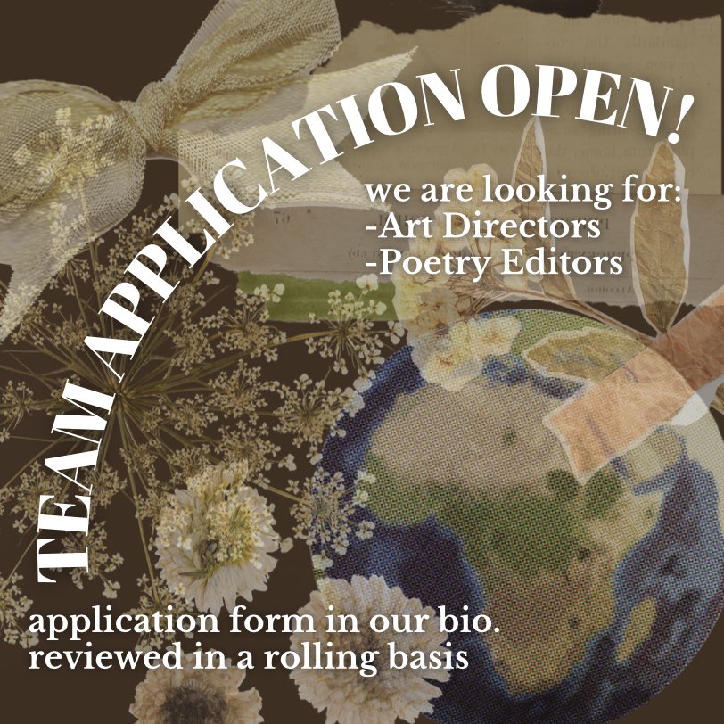 themaluzine's tweet photo. WRITIE POET TEAM APPLICATION OPEN!
We are thrilled to open our first team application! We are currently looking for Art Directors and Poetry Editors. Feel free to email writiepoet@gmail.com with any questions!

https://t.co/eoJjQYfi3w https://t.co/gZz60ls8sr