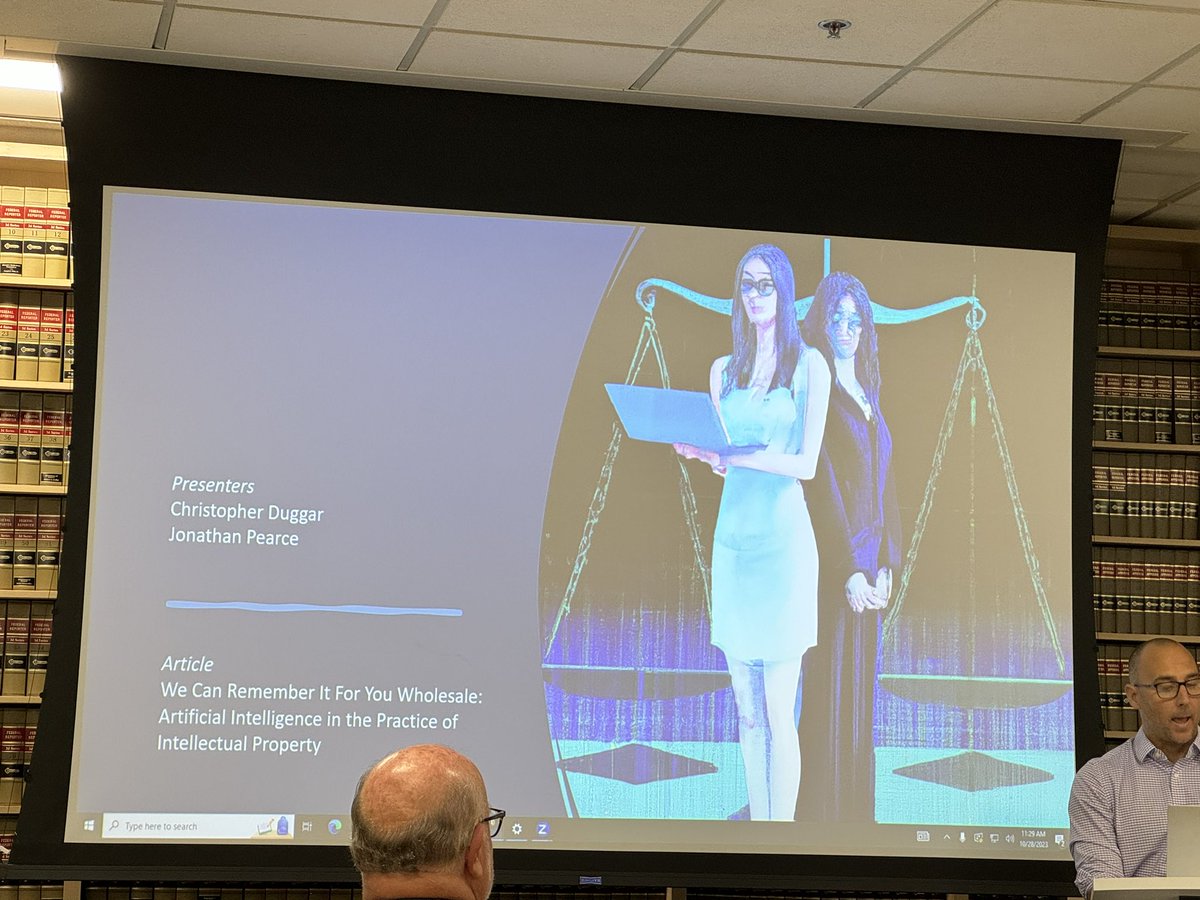 SoCalIP's tweet photo. Today Christopher Dugger and Jonathan Pearce (@whitefly) are at the @CollegesOfLaw in Santa Barbara presenting AI and the Law for @SoCalIP. #AI, #law, #intellectualproperty https://t.co/lxDk4fvrya