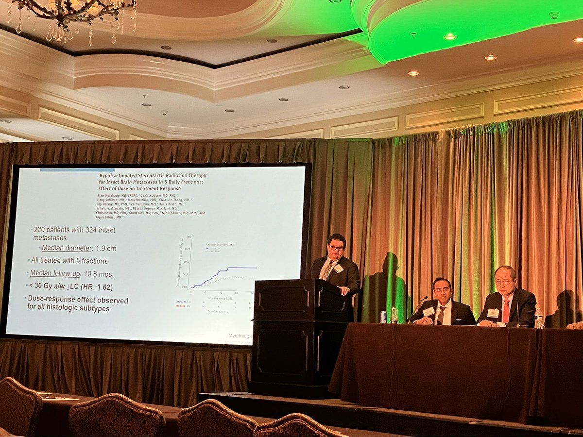 MiamiCancerInst's tweet photo. π‘ Dr. @EricLehrer | @MayoRadOnc presents on the role of fractionated SRS for brain metastases highlighting recent dose tolerance data π§
#IRREM23 #IRRF23 #RadOnc https://t.co/Wuhg4zO2Ou