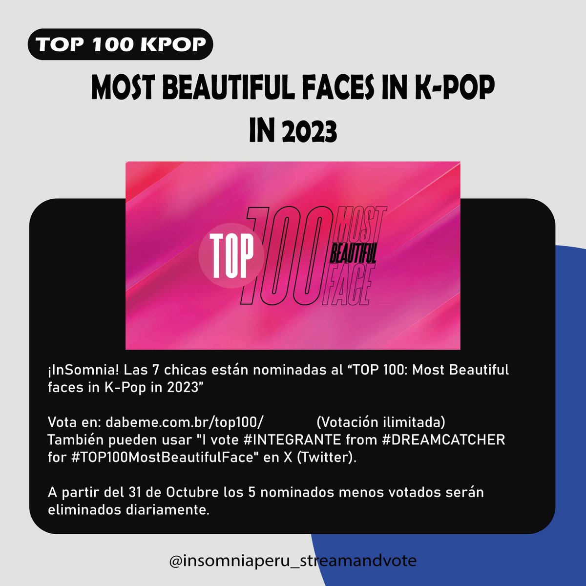 ISPFCvotingteam's tweet image. ¡InSomnia! Las 7 chicas están nominadas al “TOP 100: Most Beautiful faces in K-Pop in 2023”

Vota en: dabeme.com.br/top100/ (Votación ilimitada)
También pueden usar &quot;I vote #INTEGRANTE from #DREAMCATCHER for #TOP100MostBeautifulFace&quot;.

#드림캐쳐 @hf_dreamcatcher