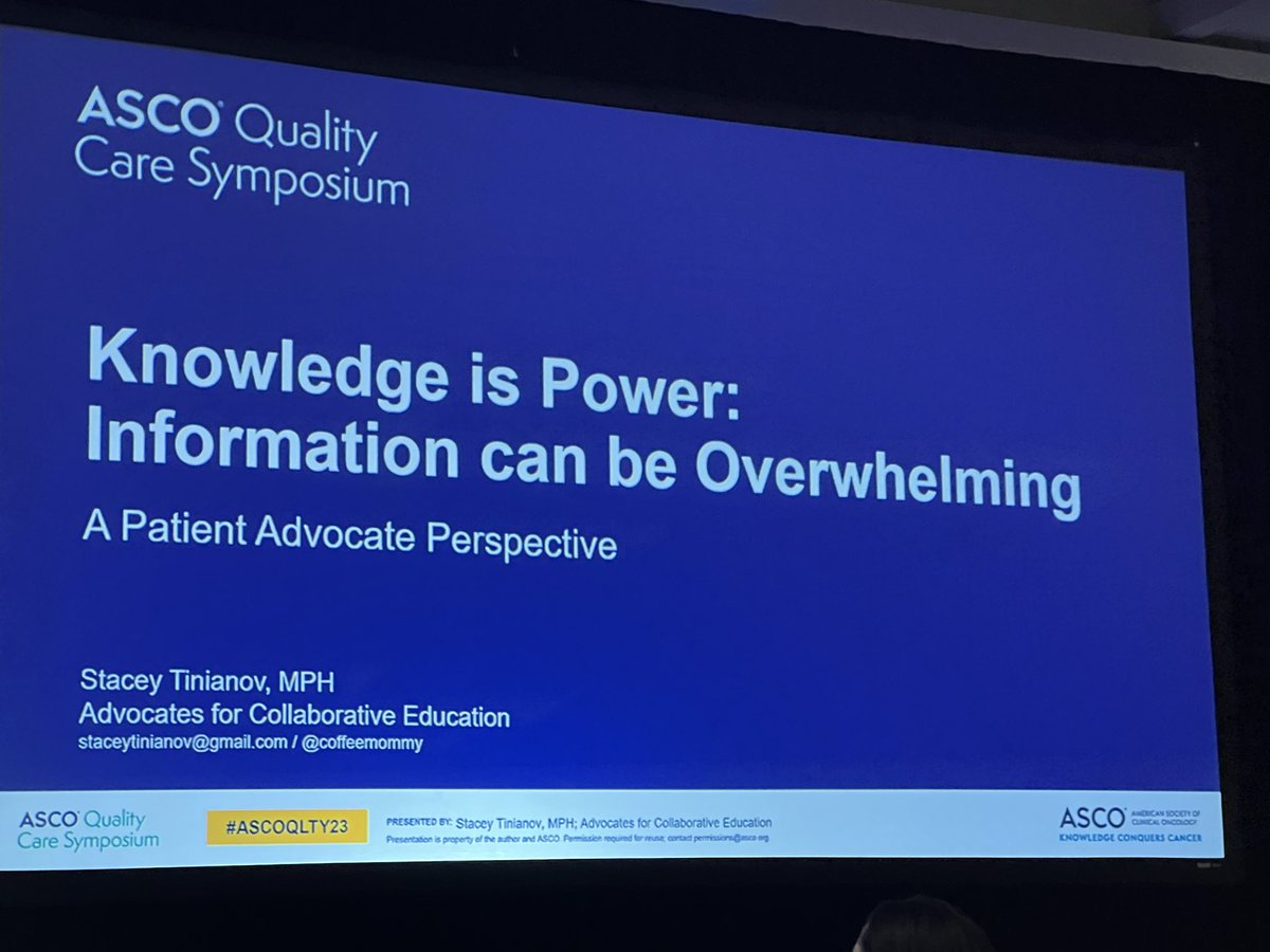 subatomicdoc's tweet photo. Yay! @coffeemommy now speaking as a patient advocate
“Knowledge is Powerful, but Information can be Overwhelming”
#ASCOQLTY23 #epatient https://t.co/AHbzW0uA8A