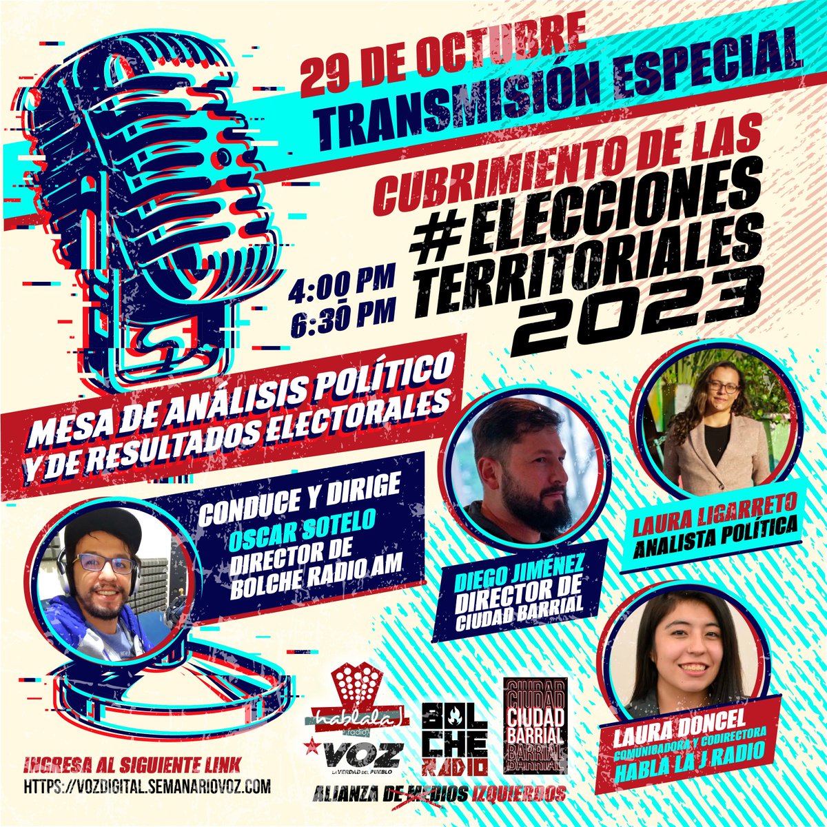 #EleccionesTerritoriales2023 | Mañana cubrimiento especial entre <a href="/bolcheradio/">Bolcheradio</a>, <a href="/HablaLaJradio/">HablaLaJ 🎙️</a> y <a href="/CiudadBarrial/">Ciudad Barrial</a> de las elecciones territoriales 2023.

Transmisión en directo desde el dial digital de VOZ Digital, Facebook Live y YouTube.

vozdigital.semanariovoz.com
