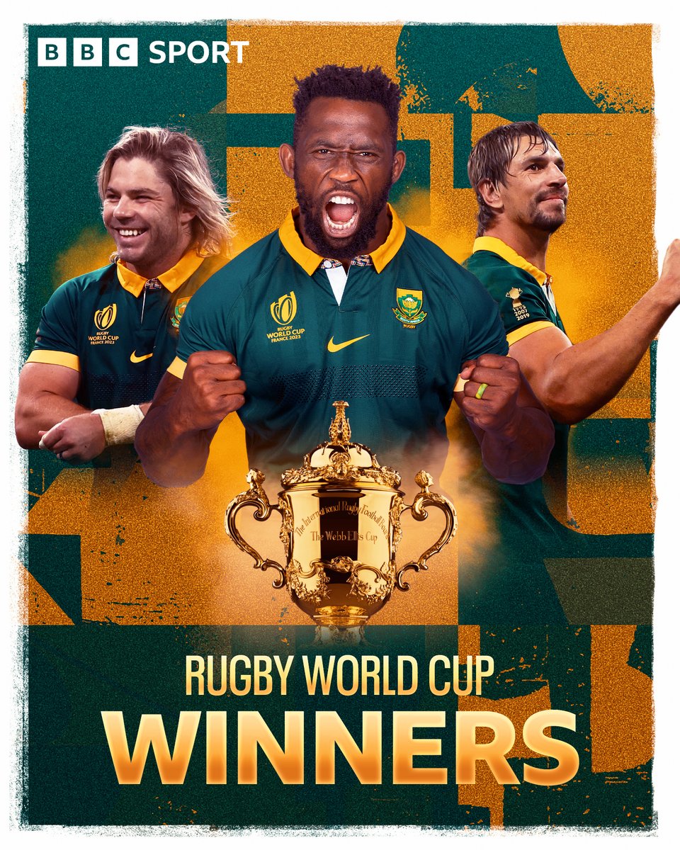 South Africa have won the men's Rugby World Cup for a record fourth time! 🇿🇦🏆

The Springboks beat the All Blacks 12-11 in the final in Paris.

#BBCRugby #RWC2023 #RWCFinal