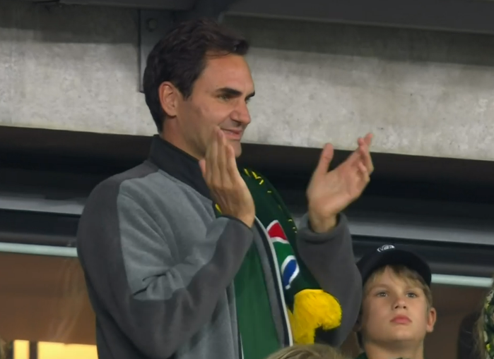TSPNTENNIS's tweet photo. Roger Federer clapping after South Africa have just won the Rugby World Cup final! 🥹❤️🇿🇦 https://t.co/KMpwB8PQaQ