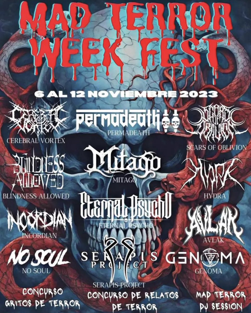 Del 6 al 12 de noviembre semana de metal en Madrid #madterrorweekfest en las salas Revi Live y Barracudas con #eternalpsycho <a href="/Mitagoficial/">Mitago</a> <a href="/PermadeathMetal/">Permadeath</a> <a href="/ScarsOfOblivion/">Scars Of Oblivion</a> <a href="/CerebralVortex8/">Cerebral Vortex</a> <a href="/IncordianM/">Incordian Metal</a> y muchos más, Info: conciertospormadrid.com/agenda-concier…
