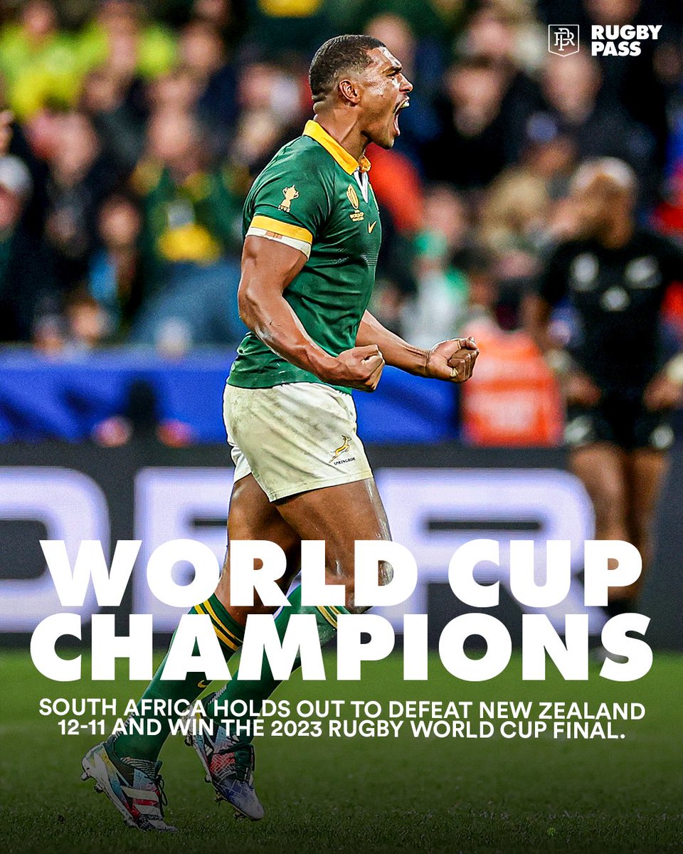 RugbyPass's tweet photo. The Springboks make history as back-to-back Rugby World Cup champions and the first team to win the Webb Ellis Cup 4 times. 🇿🇦 🏆 🇿🇦 

#NZLvRSA #RWC2023 #rugby https://t.co/4B0BD8gE7F