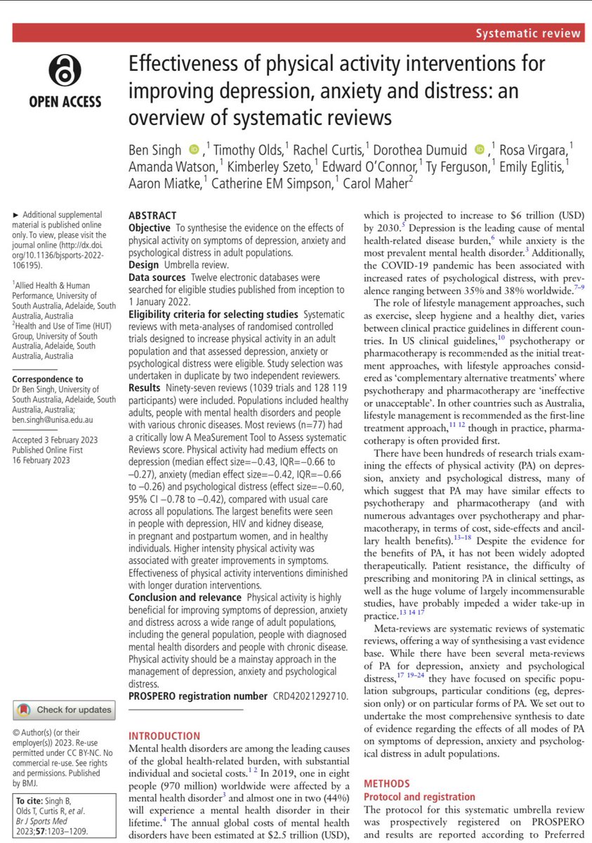 Open Access: Effectiveness of physical activity interventions for improving depression, anxiety and distress: an overview of systematic reviews

“Physical activity is highly beneficial for improving symptoms of depression, anxiety and distress…”

Read Now bjsm.bmj.com/content/57/18/…