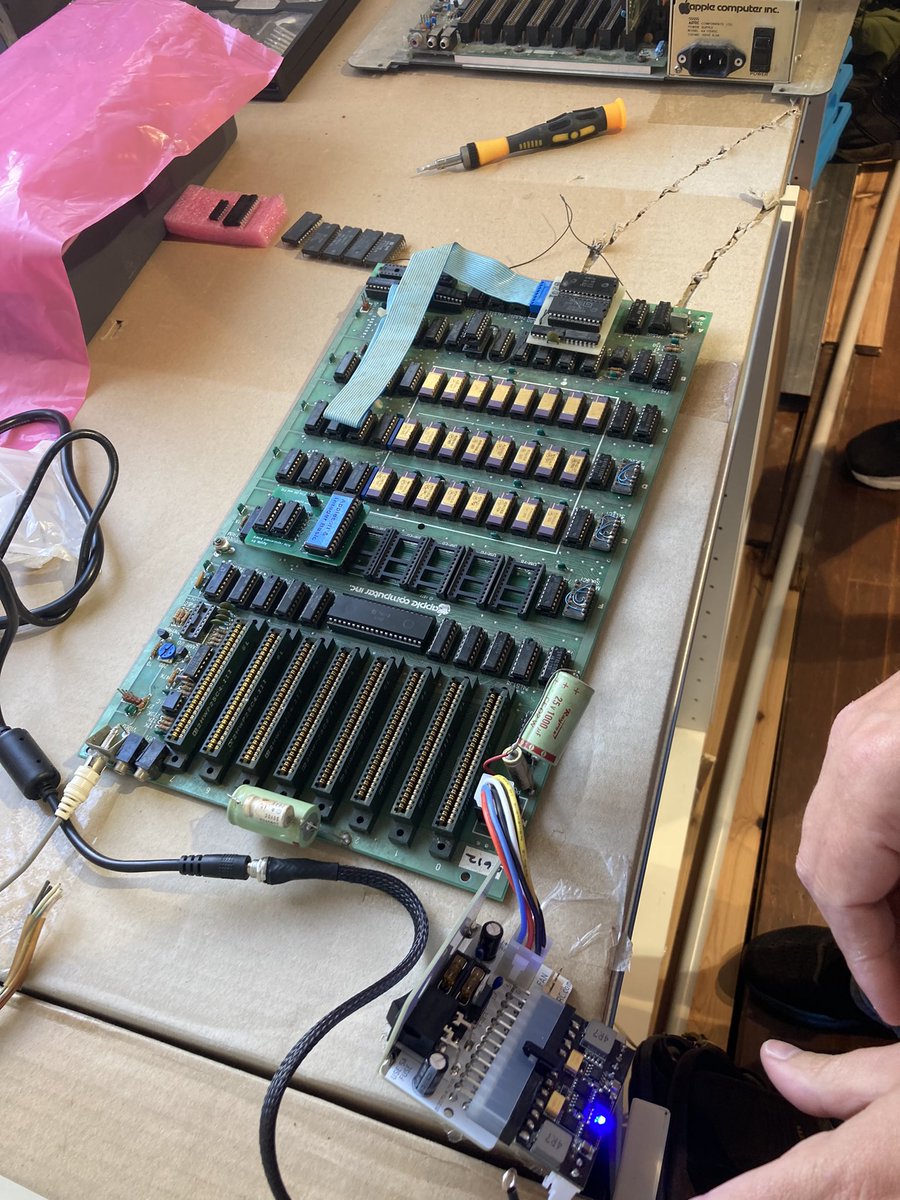 OzKfest's tweet photo. @a2_qkumba Throughout the day, participants continue to tinker and many things were worked on. There was extensive SMD capacitor replacement. Monitors were inspected. A Rev 0 was successfully tested. The clear case //e was completed. https://t.co/graN2o3UTf