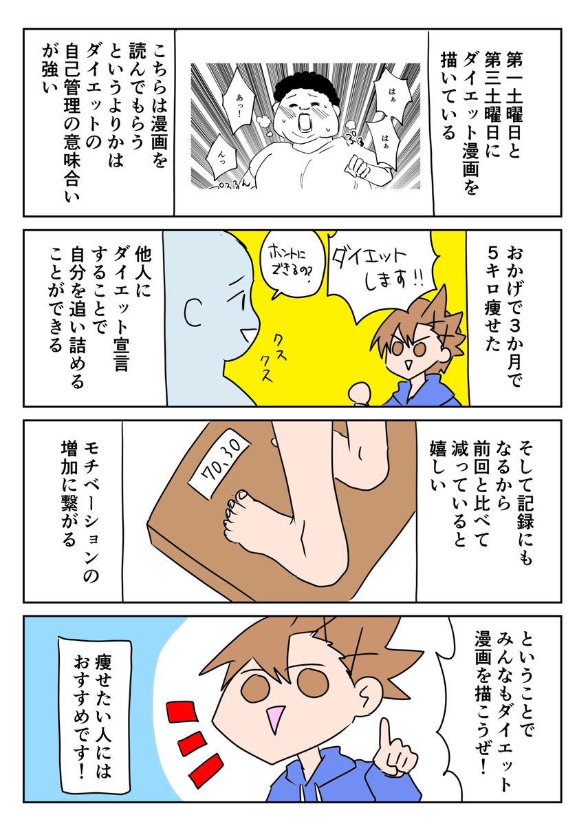 ダイエット漫画描くの手間がかかる分、手間暇かけてやってるんだから頑張ろうと思える。
漫画描ける人でダイエットしたいなら定期的にダイエット漫画を描くことをお勧めしたい。 