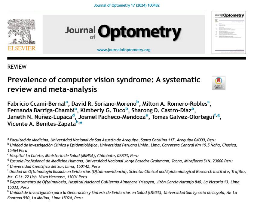oftalmoevidence's tweet photo. Compartimos una reciente publicación colaborativa, en The Journal of Optometry (Medline/Pubmed, WOS, Scopus): Ccami-Bernal et al. Prevalence of computer vision syndrome: A systematic review and meta-analysis. 2023. In press. Disponible en https://t.co/PPQiObgXWp https://t.co/45Mea7dWbw