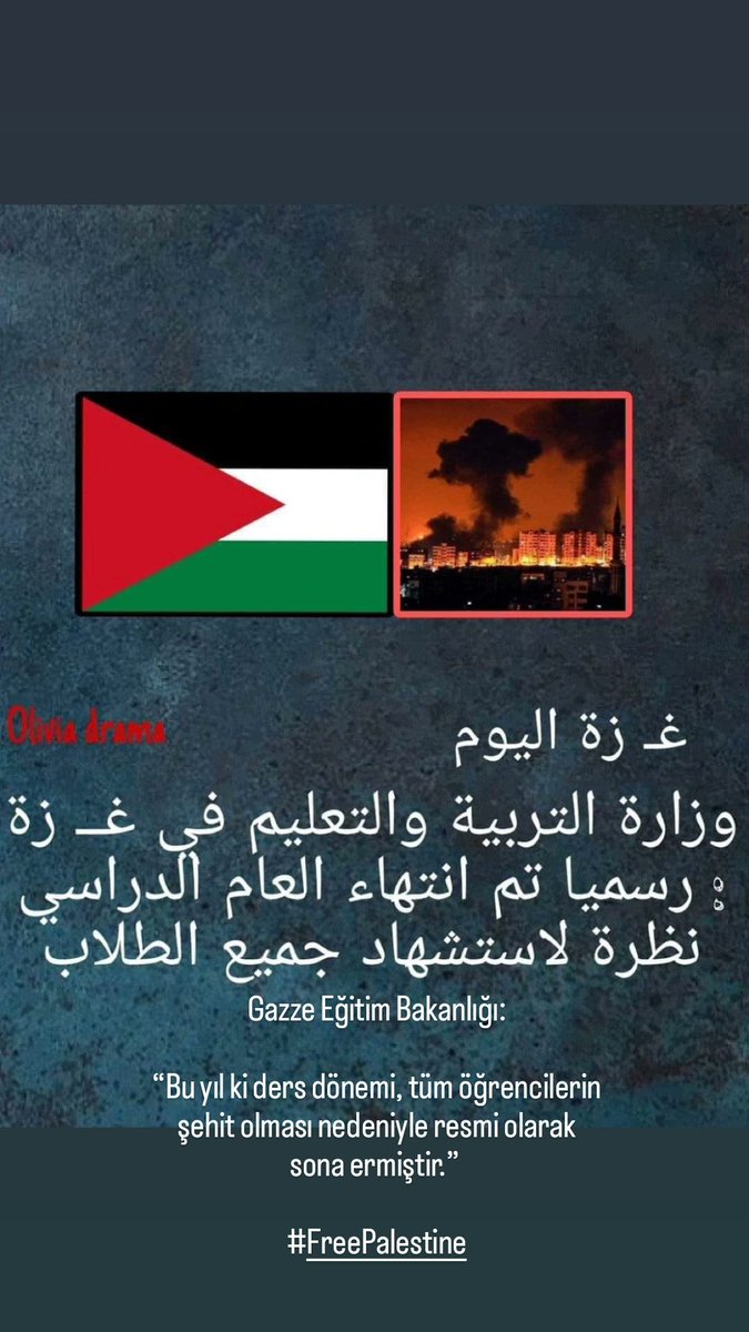 Gazze Eğitim Bakanlığı:

“Bu yıl ki ders dönemi, tüm öğrencilerin şehit olması nedeniyle resmi olarak sona ermiştir.” 

#FreePalestine