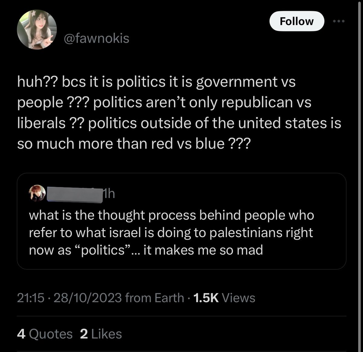 whorezbait's tweet photo. new thing to add, noah/naia is showing pro israel signs &amp; claiming that what's going on with israel and palestine right now is 'political'. to call mass genocide 'political' is actually insane https://t.co/LmunL4CKWN