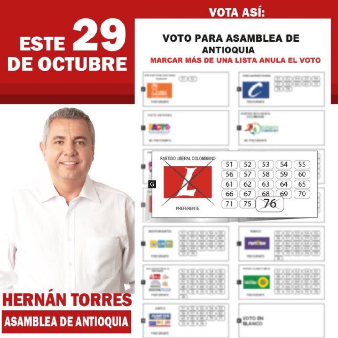 ✅ Elige a Hernán Torres como diputado de Antioquia.

🔴 Marca la L del Partido Libreral y el número7️⃣6️⃣ en el tarjetón de la Asamblea Departamental y vota por La Renovación. 🗳️🏅 

#LaRenovacionPiensaEnGrande
