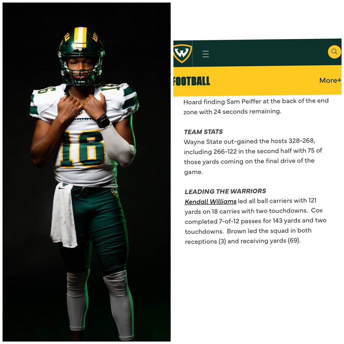 In his 1st career start Freshman Justin Cox helps lead Wayne state to Victory! Cox has threw for two TD’s. 🐉🐉🔥🔥<a href="/coxjustn/">Justin Cox QB</a>