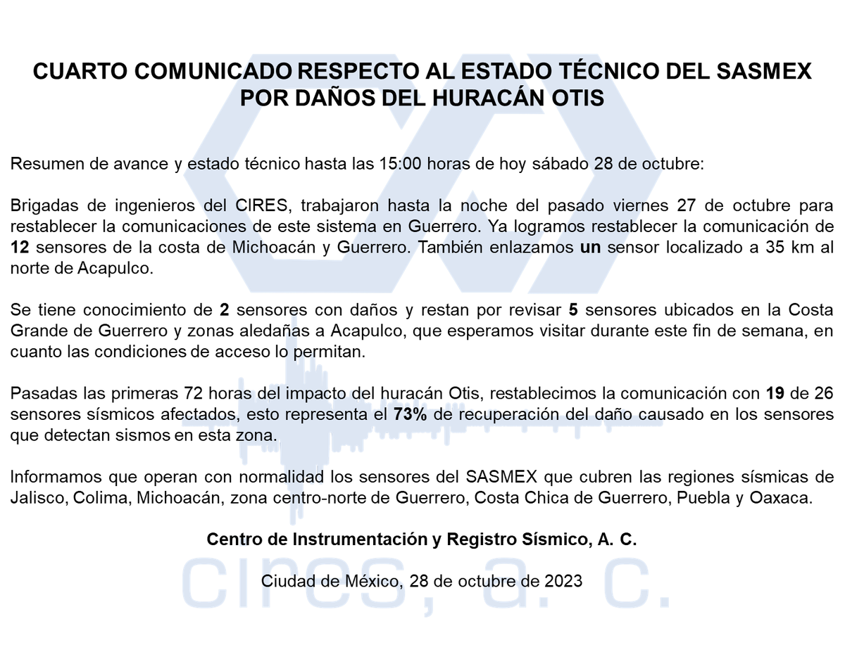 SasslaMx's tweet photo. Actualización: Estado técnico del Sistema de Alerta Sísmica Mexicano (@SASMEX) por daños del #HuracánOtis.

Recuperación del 73% de los sensores afectados. https://t.co/DpNiZQybVp