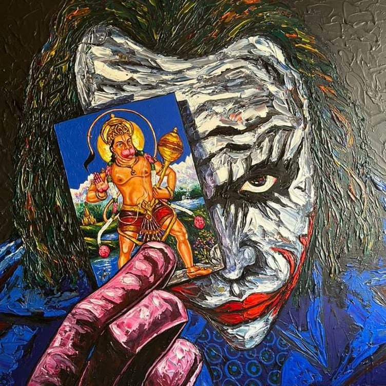 Rajmore786's tweet photo. From my studio ❤️❤️❤️❤️
Joker &amp; Hanuman.

Title- A Real Super Hero ❤️
Acrylic on canvas
Size- 60-72 inches
Price on request 
9967652362

 #contemporaryart #contemporaryartist  #dubai #dubaiartgallery #Singapore #painting #artist #artindiamagazine #indianartfair #artcollector https://t.co/ywhBdgUuAy