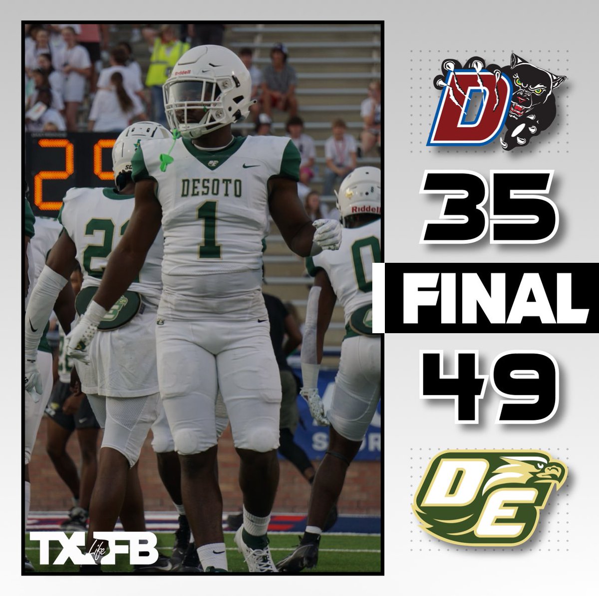 txfblife's tweet photo. 💥 No.3 Desoto takes down No.1 Duncanville for the first time since 2016! #txhsfb https://t.co/nZzy8jkXXB