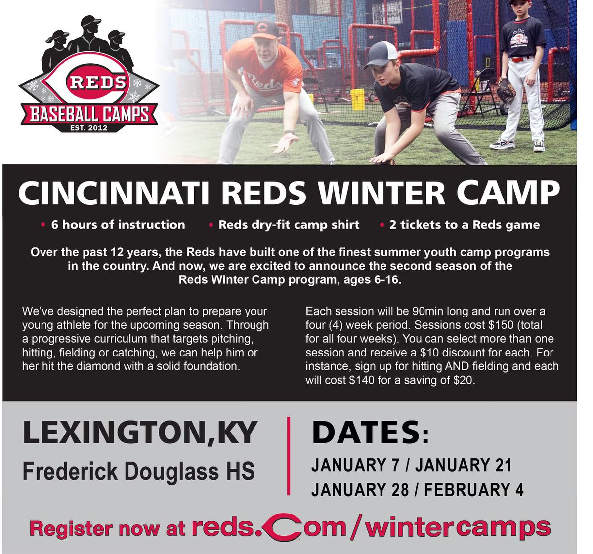 MARK YOUR CALENDERS!!! 

We have partnered with <a href="/RedsCamps/">Cincinnati Reds Baseball Camps</a> for a 4-Week Winter Camp for Age 6-16 baseball players.

Registration Link:
redscamps.leagueapps.com/camps/4070004-…
