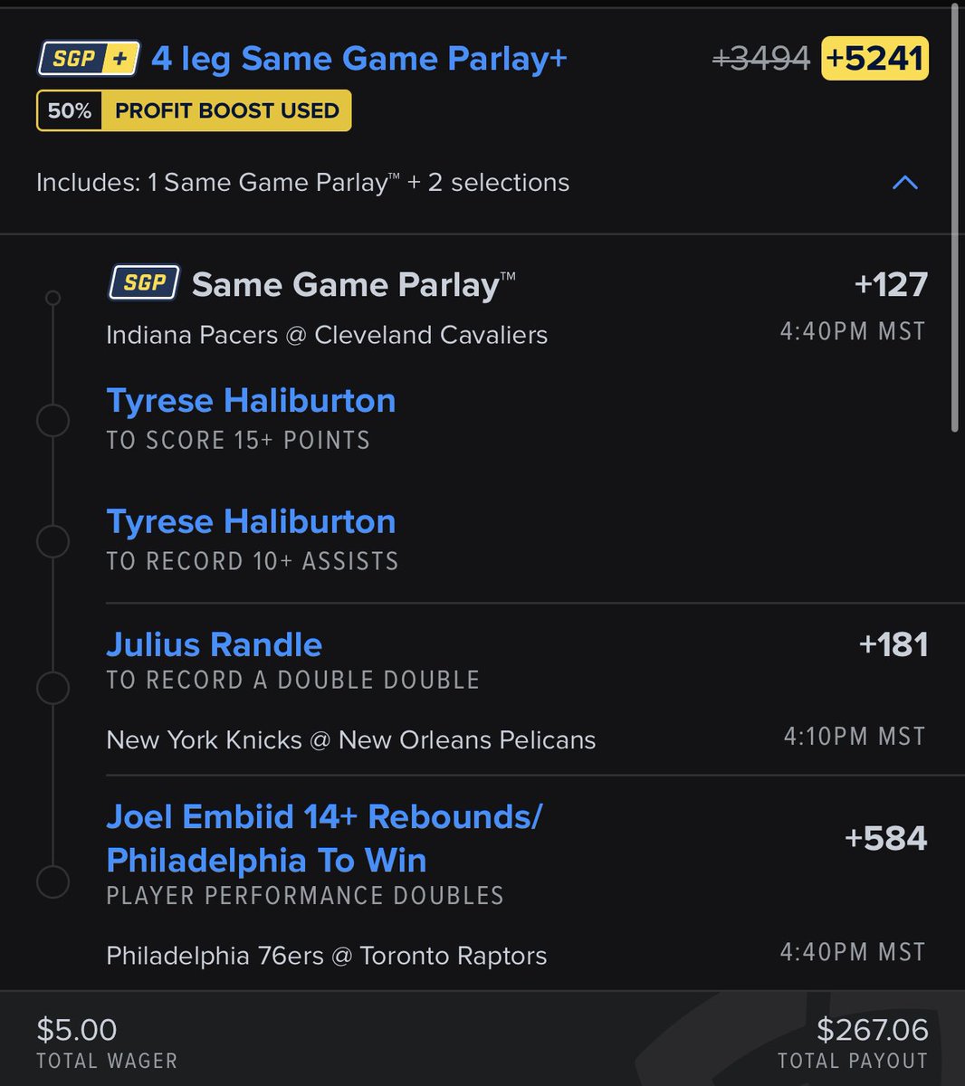 thecaponeshow's tweet photo. What ruins this parlay? 🤔

$5 ➡️ $260 

LET’S GO 💥

#GamblingsTwitter #NBATwitter #sportsbet #SportsGambling #nba #nbabet #fanduel https://t.co/Ni6GQA7YRz