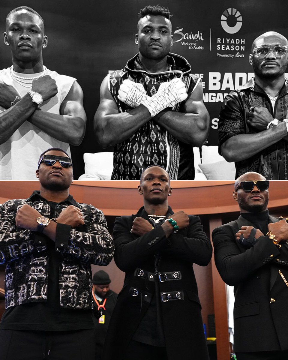 espnmma's tweet photo. Ngannou, Adesanya, and Usman just recreated this picture from November of last year 👑👑👑 #FuryNgannou 

(h/t @stylebender) https://t.co/2BztRRL6NU