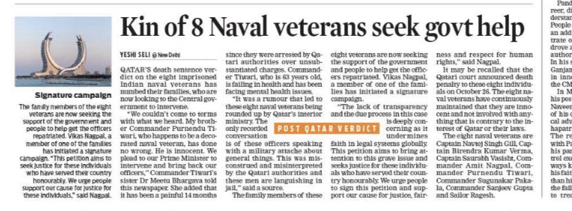 Kin of the eight naval veterans who have been imprisoned since August 30, 2022 in Qatar seek help and early repatriation from the government <a href="/NewIndianXpress/">The New Indian Express</a> <a href="/MEAIndia/">Randhir Jaiswal</a> <a href="/DrMeetuBhargava/">Meetu Bhargava</a> <a href="/PMOIndia/">PMO India</a>