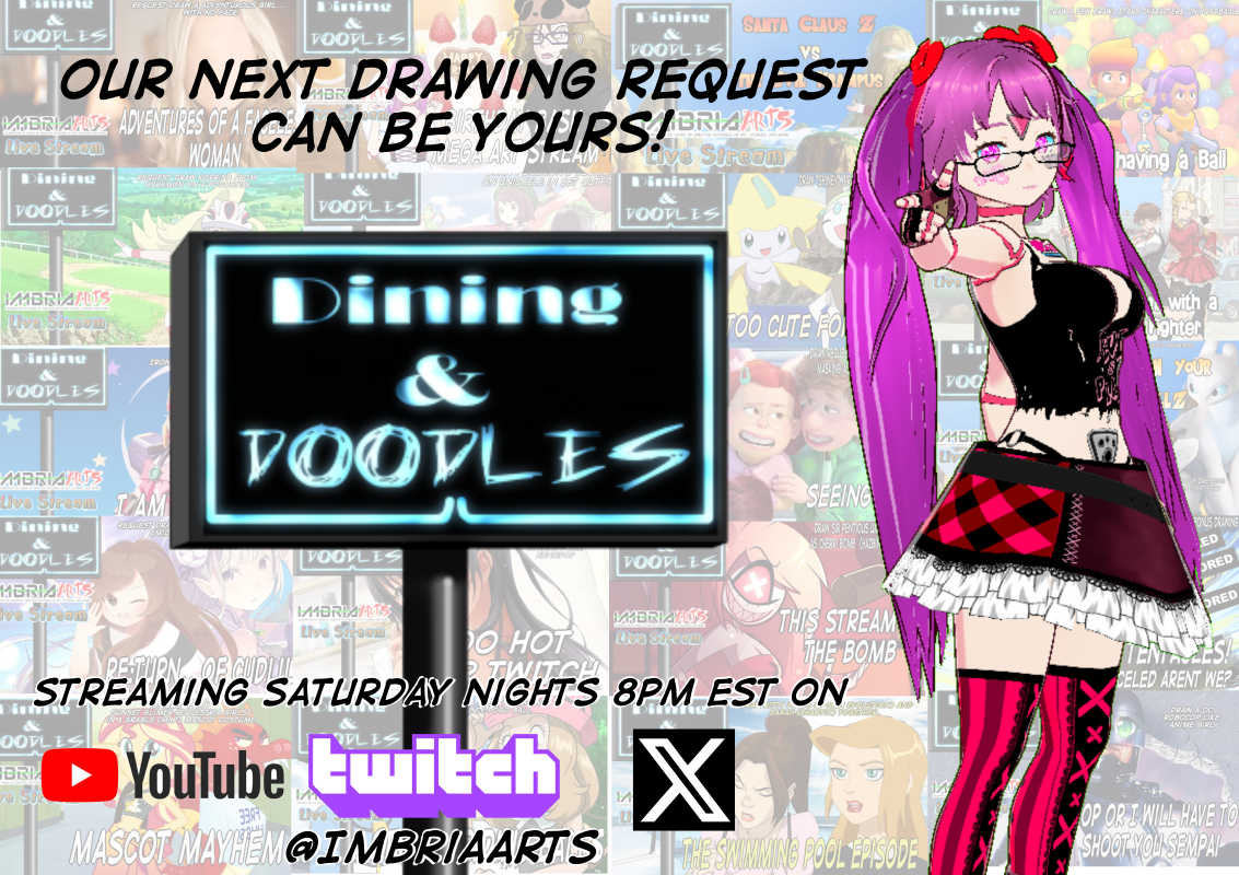 Imbriaarts's tweet photo. Dining and Doodles is open 4 requests... Do you have a character drawn? Original character? bring your request to life in our weekly request drawing show on Youtube, Twitch & X. #vtuber #drawing #artstream #livedrawing #imbriaarts #Aye #ayedono #requestdrawing #requestsareopen https://t.co/5Nd7kOJ23T