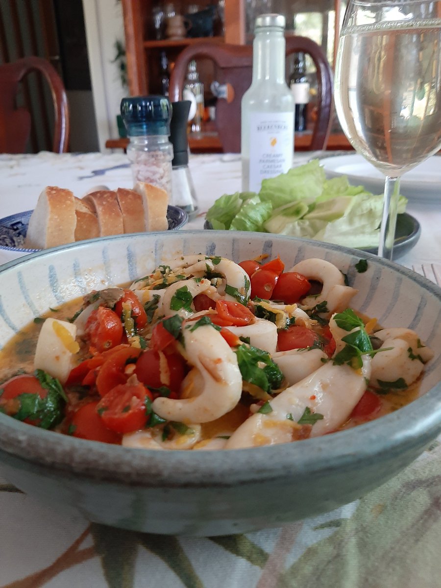 Taste of summer for lunch- calamari with tomato,lemon. As per @SaturdayPaper  . My first cook of calamari. Pretty good.