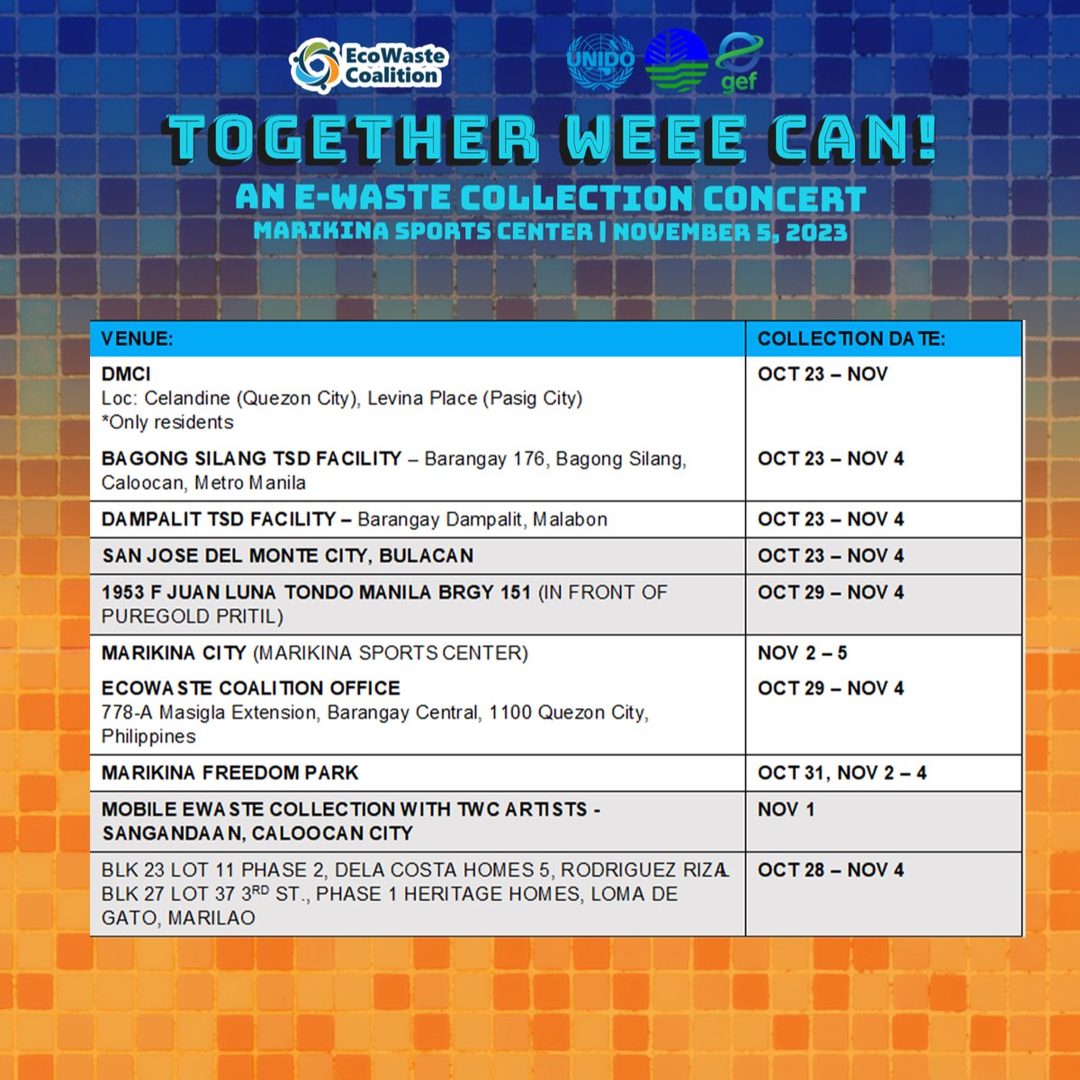 We are still accepting e-waste in exchange for concert tickets! Watch our amazing line up of artist who will be performing for the #TogetherWEEECan concert on November 5, 2023 | Marikina Sport Center!