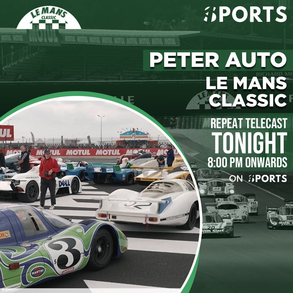 Don't  forget to watch repeat telecast of the Peter Auto Le Mans Classic tonight at 8:00 PM, on 1SPORTS.  

#LeMansClassic #PeterAuto