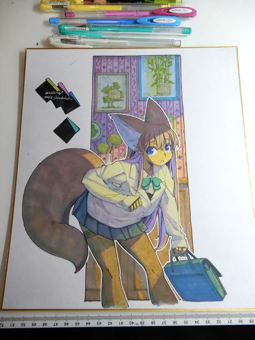 【アナログ2022:絵の多い玄関】ちょうどいまくらいの季節。 #水彩 #原画 #狐娘 #色紙