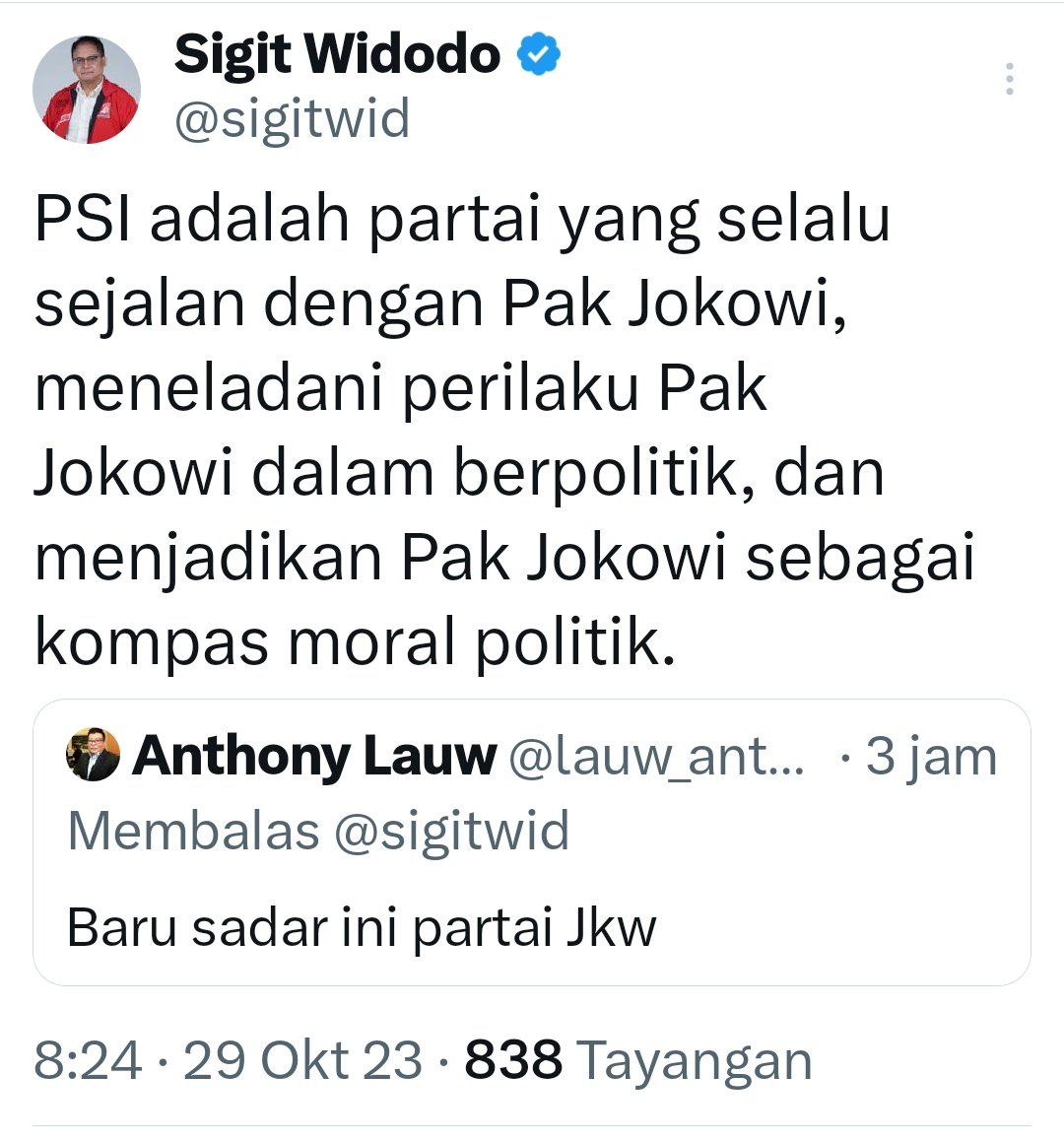 Kyaiku berkata, Ikuti Kebenaran. Bukan orang benar. Karena orang benar, suatu saat akan salah.
Itulah knp aku keluar dari PSI. Nuraniku gak bisa membenarkan perbuatan mencurangi konstitusi demi anak sendiri. Itu pengkhianatan demokrasi.
Taklid Buta kpd Jokowi itu sedungu keledai.