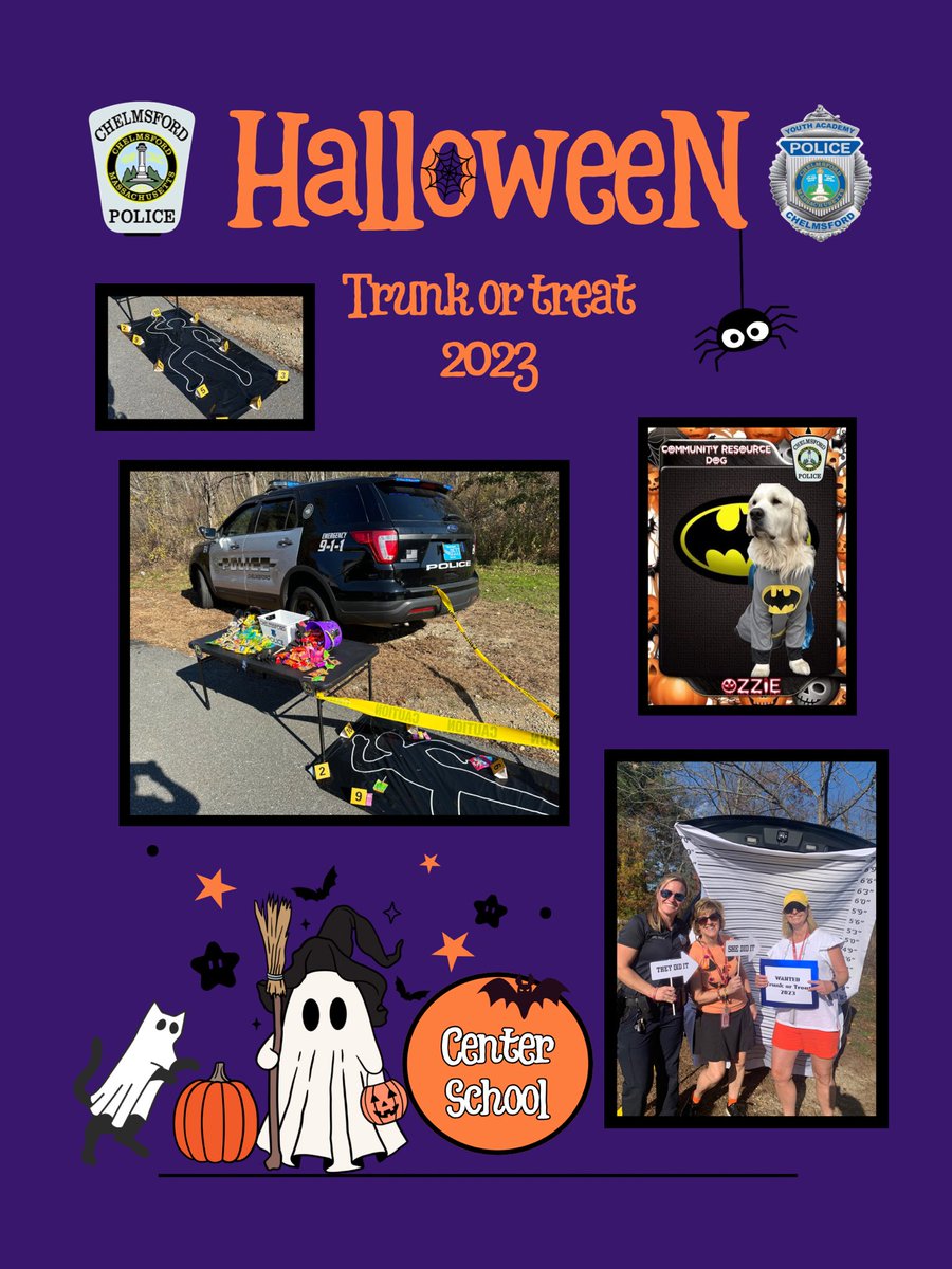Thank you, Principal Fulreader, Assistant  Principal Omobono and Center  Elementary School PTO for having CPD at your trunk or treat event!! Such an awesome day ☀️
#HappyHalloween2023 #TrunkorTreat #crimescene #candy <a href="/ChelmsfordPD/">Chelmsford Police</a> 
<a href="/CPSchoolsMA/">Chelmsford Public Schools</a> <a href="/SRO_Sullivan/">Officer Sullivan & Ozzie🐻‍❄️</a> <a href="/drjaylang/">Dr. Jay Lang</a>
