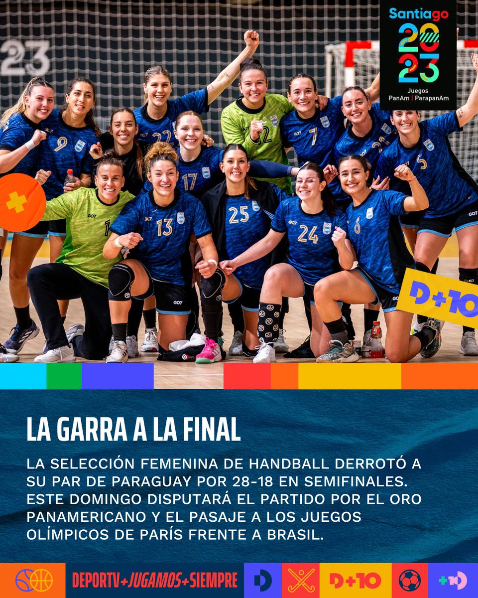 canaldeportv's tweet photo. #Handball | ¡La Garra está en la final Panamericana! 🇦🇷 

🤾‍♀️ En la semifinal, la selección femenina de handball le ganó a Paraguay 🇵🇾 por 28-18.

🗓️ Este domingo enfrentará a Brasil 🇧🇷 en la final por la medalla de oro y el pase a los Juegos Olímpicos #París2024.

#Santiago2023 https://t.co/aBorpIznGb