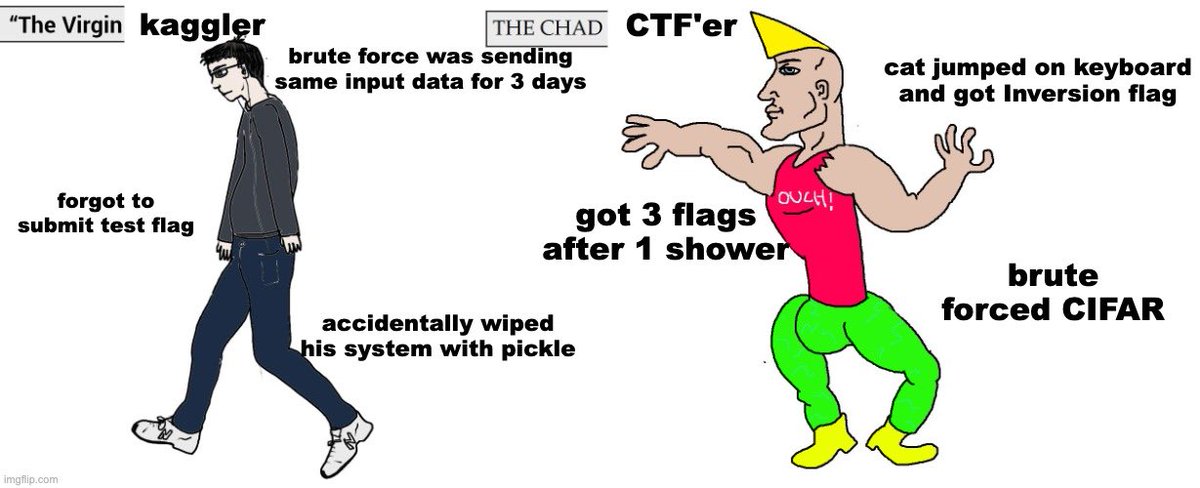 Some players are handling the CTF format better than others (meme from the Discord). Everyone is learning…something. 12 days left, still time to hit the leaderboard!

kaggle.com/competitions/a…