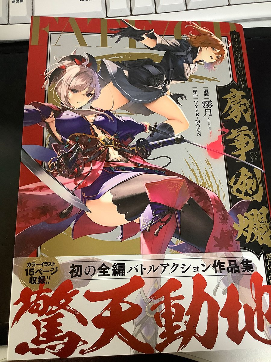 献本で霧月さんの単行本「豪華剣爛」いただきました! この大きくて厚みのある単行本サイズ……成人向け作家としてあまりに馴染みあるサイズ……。 中身は上手くてカッコよくて力の入った絵が乱れ撃ってますぞ! 個人的に一番のお気に入りはモードレッドの空中下薙ぎのページです。かっこいい～!
