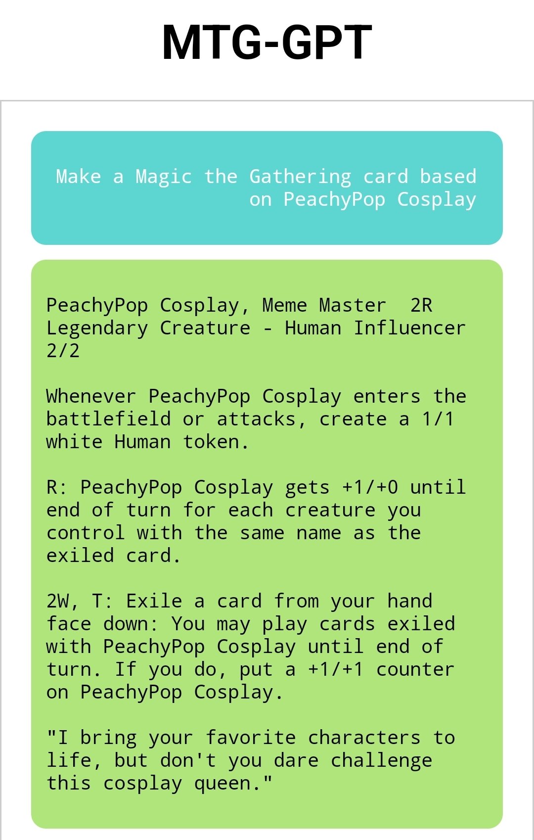 peachypop, wild mage 🍑 🔜 Anime Washington! on X: Changing my name to  PeachyPop Cosplay, Meme Master. HIGHLY recommend asking it to make you a  custom card, worth it for the flavor